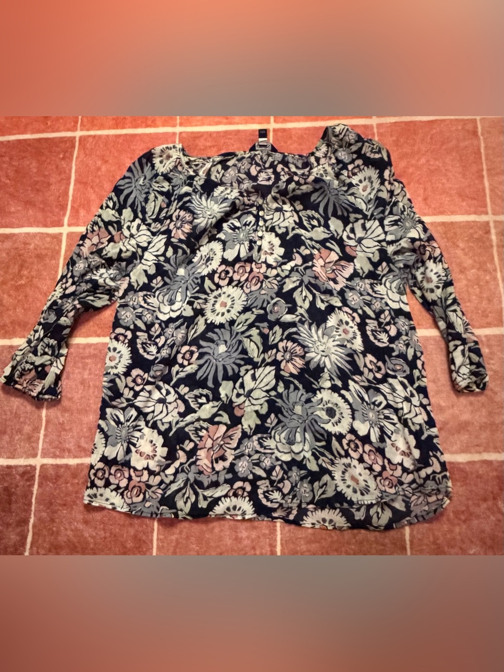 Chaps Navy Floral Peasant Blouse with Pale Pink and Sage